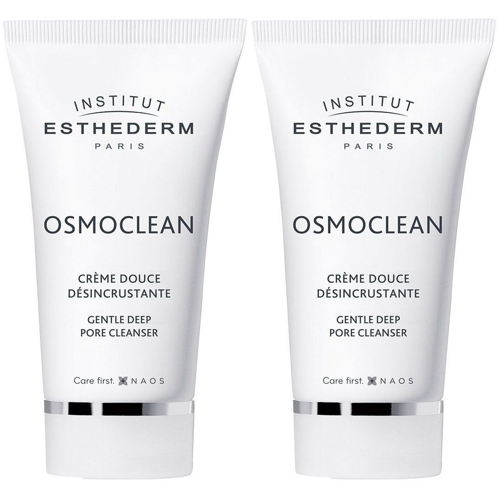 Deux tubes blancs. Inscriptions: INSTITUT ESTHEDERM, OSMOCLEAN, Crème douce désincrustante, Gentle Deep Pore Cleanser. Marque NAOS.