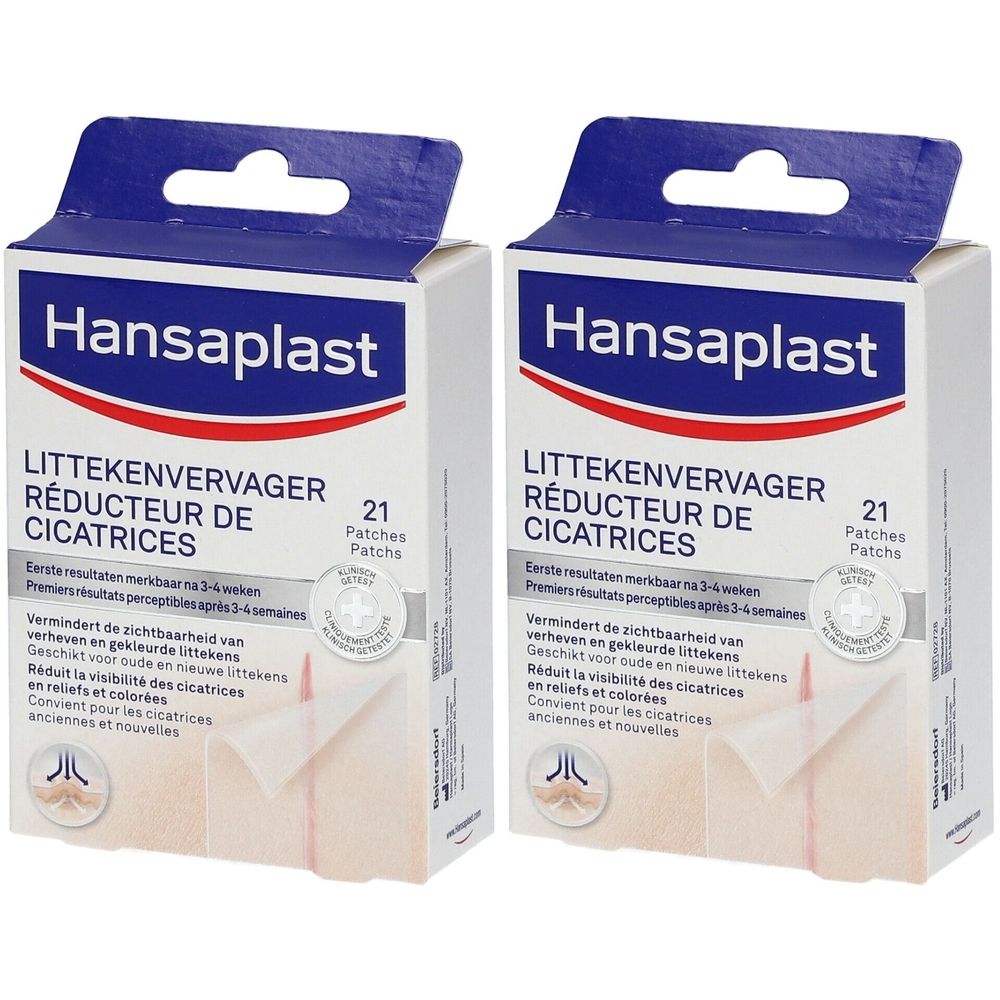Deux boîtes de Hansaplast Réducteur de cicatrices. Boîtes blanches avec dessus bleu. Texte : Réducteur de cicatrices, 21 patchs.
