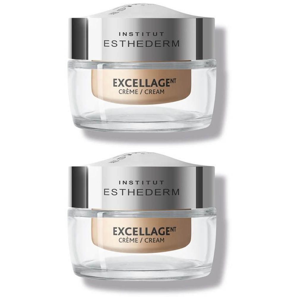 Deux pots INSTITUT ESTHEDERM Excellage Crème. Pots transparents, couvercles argentés. Texte: Crème/Cream.
