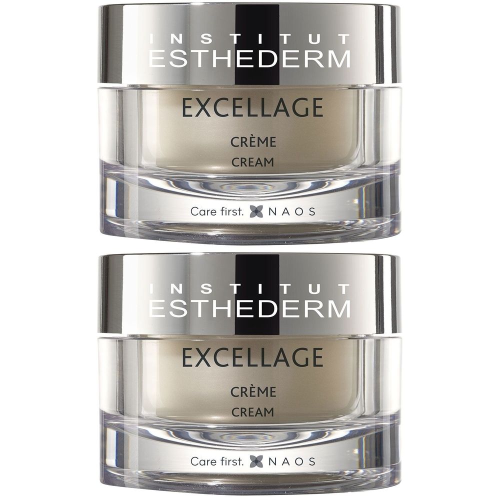 Deux pots de crème avec couvercles argentés. Inscriptions: INSTITUT ESTHEDERM, EXCELLAGE, CRÈME CREAM. En bas: Care first. NAOS.