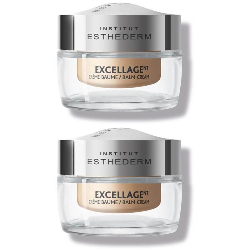Deux pots de crème-baume Excellage INSTITUT ESTHEDERM. Récipients en verre avec couvercle argenté. Nom du produit et marque visibles.