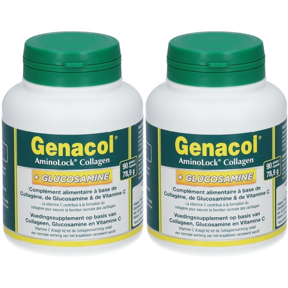 Deux flacons blancs avec couvercles verts. Inscription: Genacol, AminoLock Collagen, Glucosamine. Contient 90 capsules.