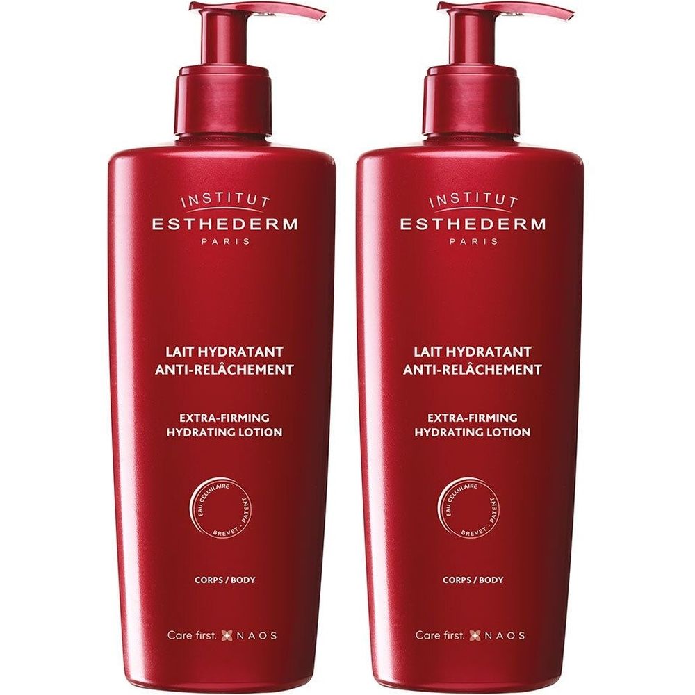 Deux flacons rouges avec pompe. Inscription: INSTITUT ESTHEDERM PARIS, LAIT HYDRATANT ANTI-RELACHEMENT, EXTRA-FIRMING HYDRATING LOTION.