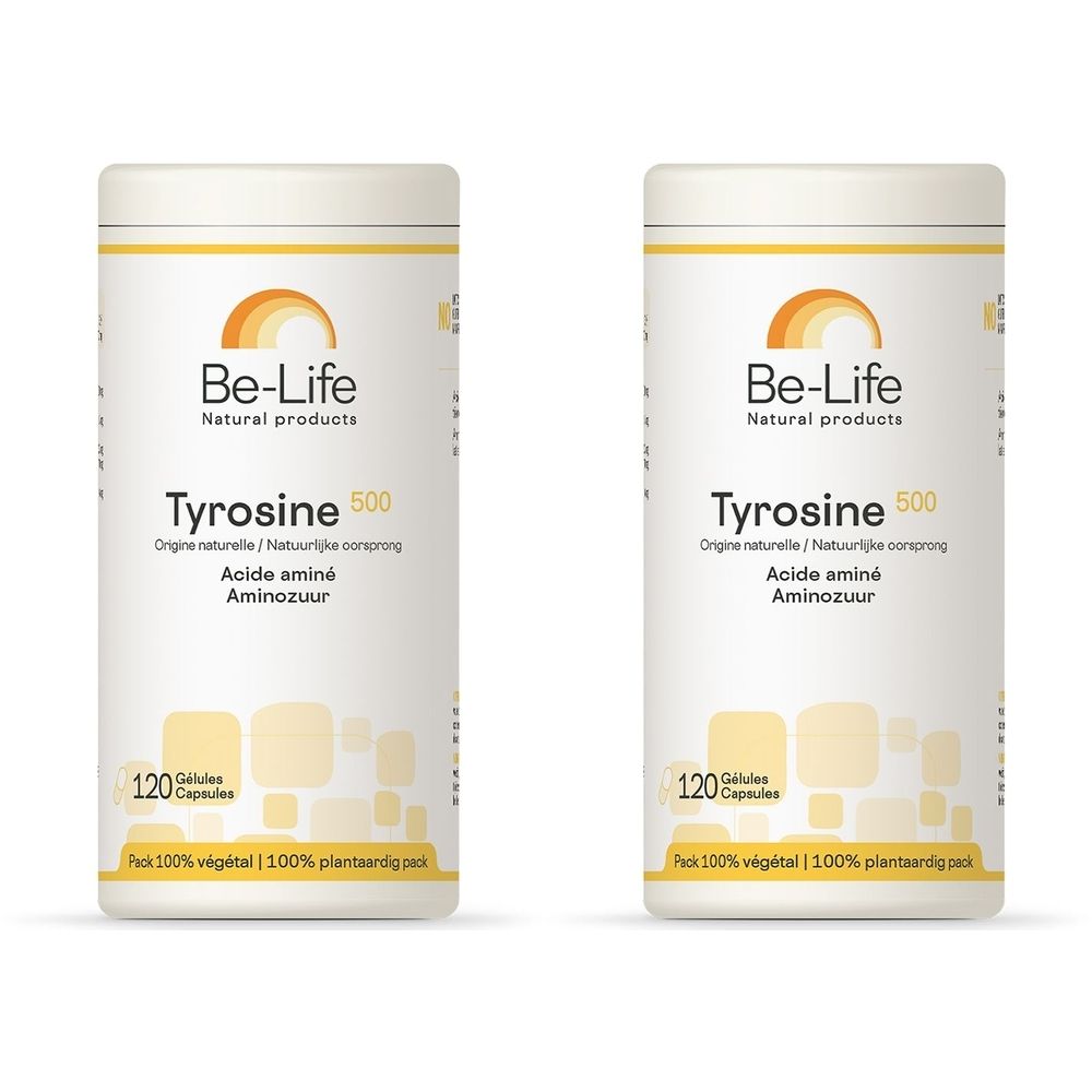 Deux flacons blancs avec des accents jaunes. Inscription : Be-Life, Tyrosine 500, 120 gélules. Texte : Emballage 100% végétal.