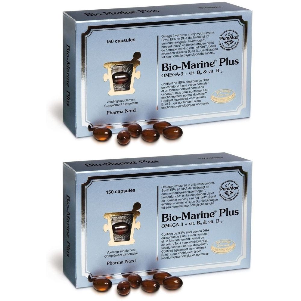 Deux boîtes de gélules. Inscription : Bio-Marine Plus, 150 gélules. Pharma Nord. Quelques gélules à côté.