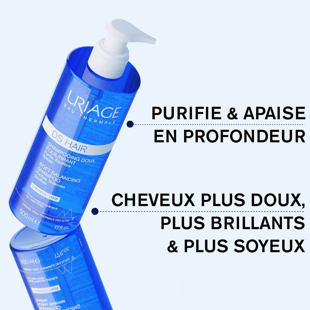 Flacon Uriage DS Hair. Texte: Purifie & apaise en profondeur, Cheveux plus doux, plus brillants & plus soyeux.