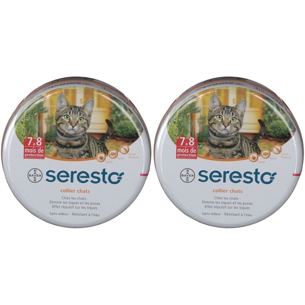 Deux boîtes rondes Seresto pour chats. Chaque boîte affiche une image de chat et l'inscription "7.8 mois de protection".