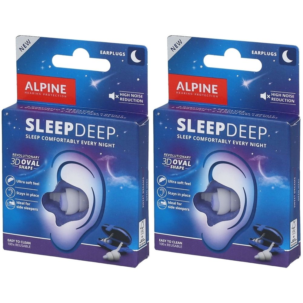 Deux boîtes de bouchons d'oreille. Emballage bleu avec nom et logo du produit. Texte 'High Noise Reduction' et 'SleepDeep' visible.