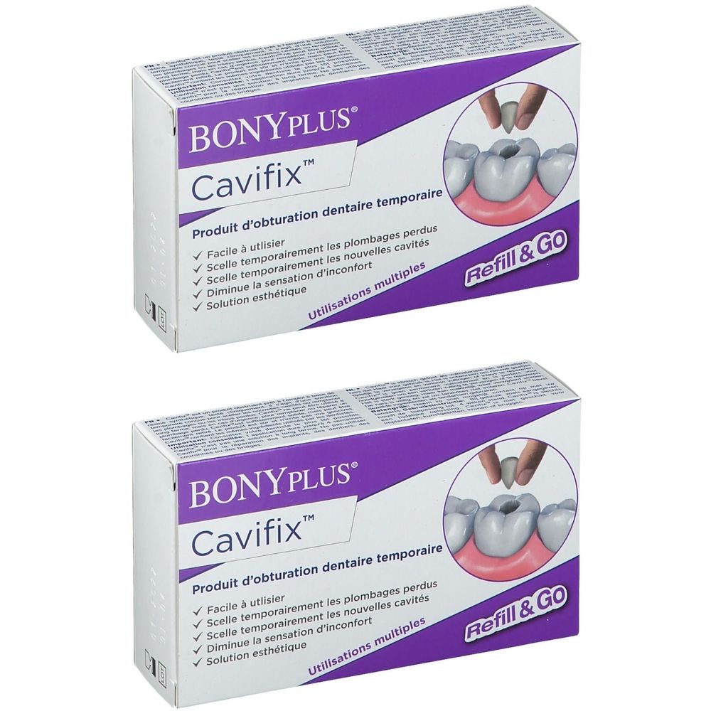 Deux boîtes BONYPLUS Cavifix. Produit d'obturation dentaire temporaire. Illustration d'une dent. Inscription Refill & Go.