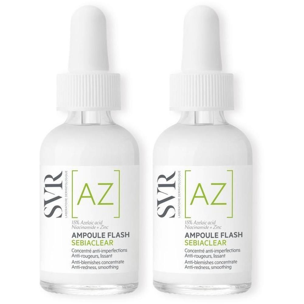 Deux flacons SVR [AZ] Sebiaclear Ampoule Flash. Flacons blancs avec pipette, texte vert et nom du produit.