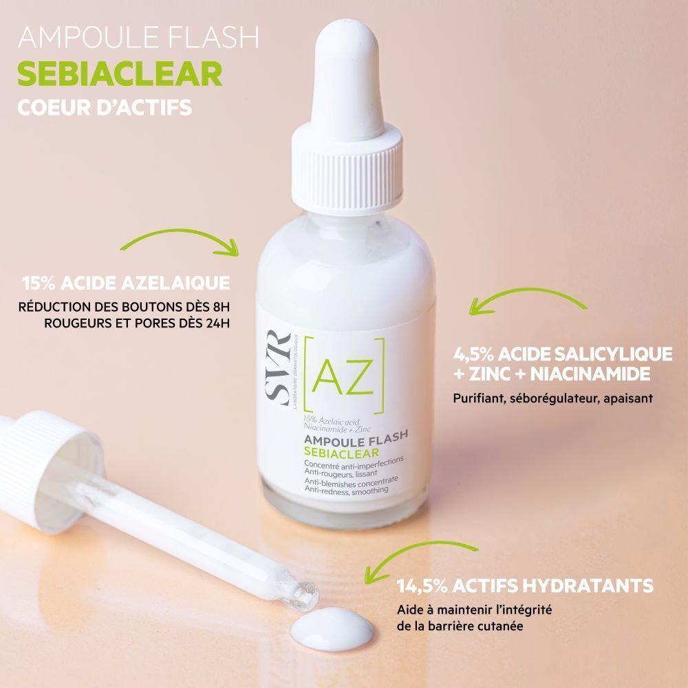 SVR [AZ] Sebiaclear Ampoule Flash. Flacon blanc avec pipette, texte et schémas. Ingrédients et avantages.