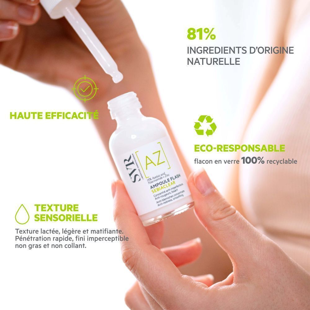 Main tenant SVR [AZ] Sebiaclear Ampoule Flash. Flacon blanc avec pipette, texte et schémas. Éco-responsable.