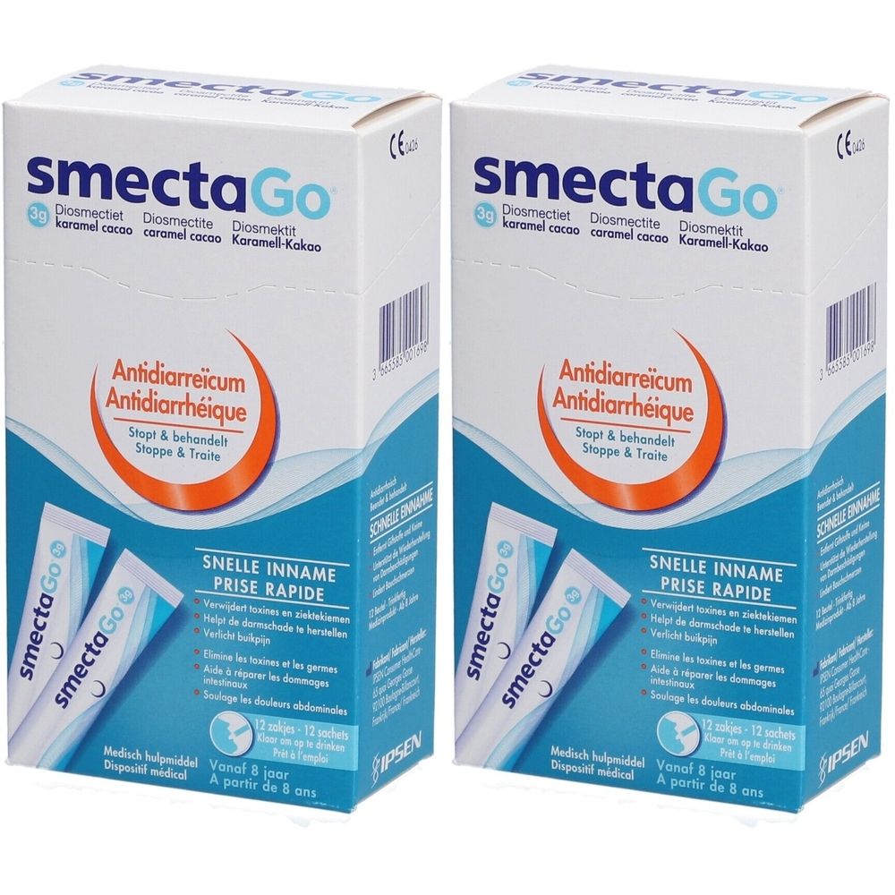 Deux boîtes de SmectaGo. Inscriptions : Antidiarreicum, Diosmectiet, Karamel-Kakao. Sachets individuels visibles.