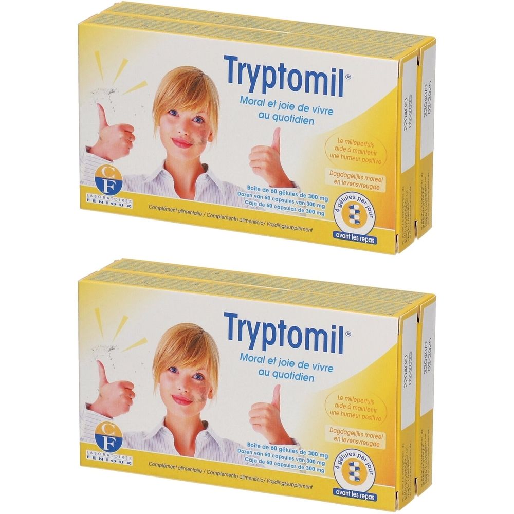Deux boîtes de Tryptomil. Sur fond jaune, une jeune fille fait un signe de pouce. Texte: Moral et joie de vivre au quotidien.