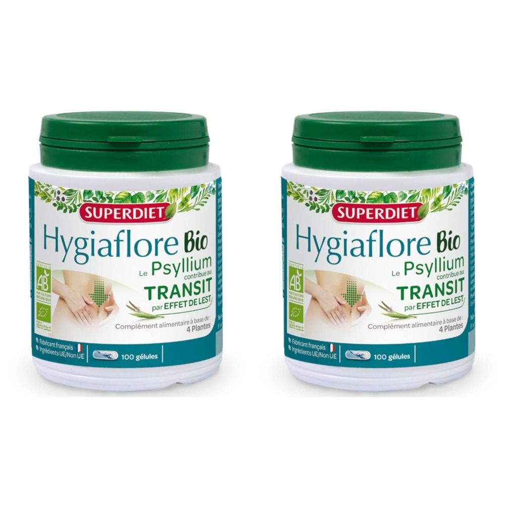 Deux flacons blancs avec couvercle vert. Inscription : Hygiaflore Bio, Transit, Superdiet. 100 gélules.