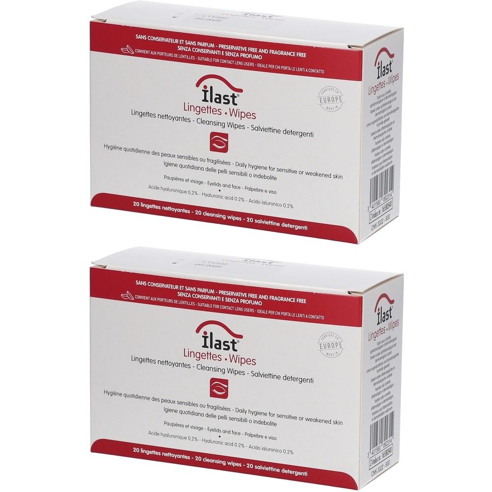 Deux boîtes de "ilast Lingettes-Wipes". Emballage blanc avec texte rouge. Inscriptions multilingues.
