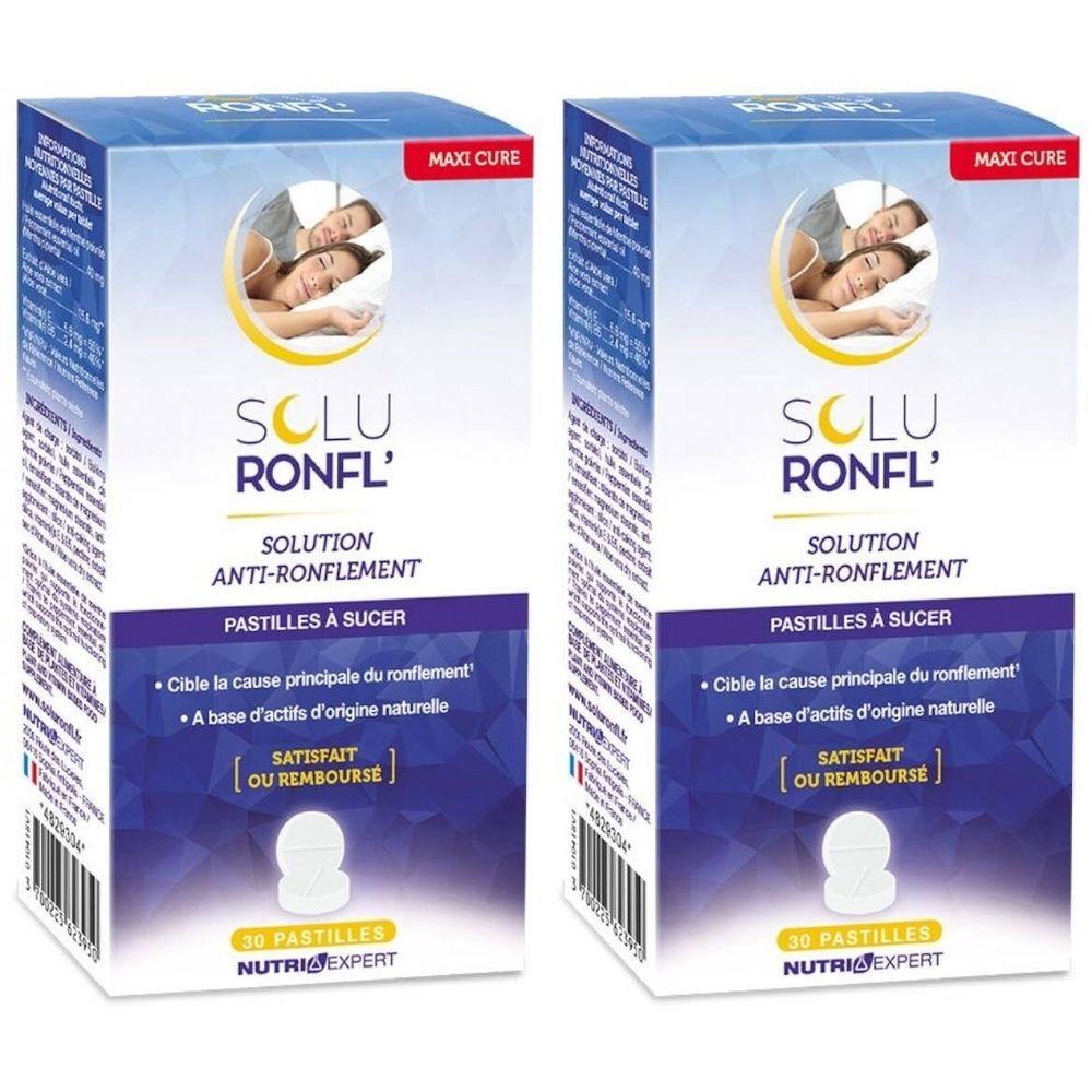 Deux boîtes de Soluronfl, solution anti-ronflement. Inscription : Solution anti-ronflement, pastilles à sucer. Contient 30 pastilles. Marque NutriExpert.