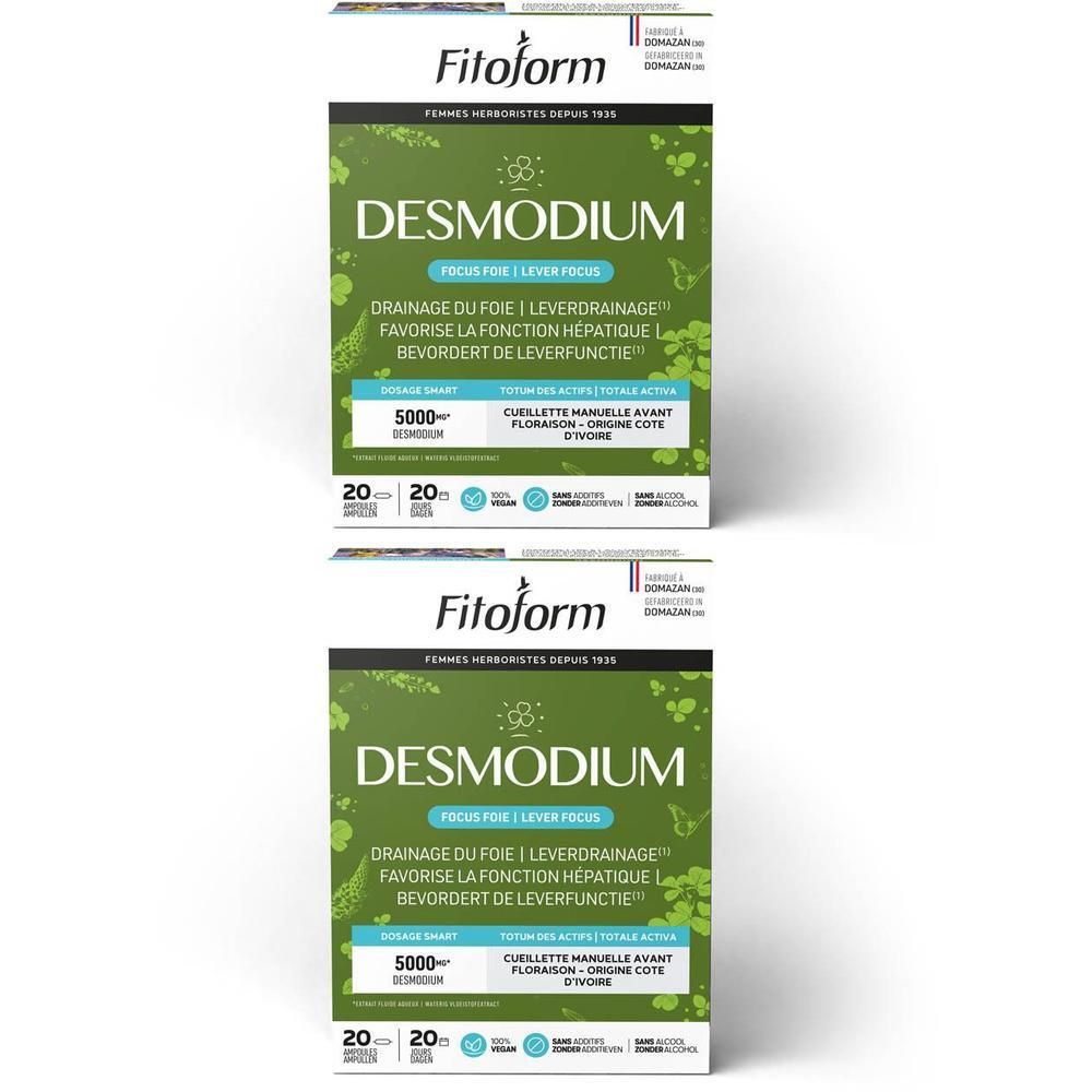 Deux boîtes Fitoform Desmodium, face avant avec feuilles vertes et texte.