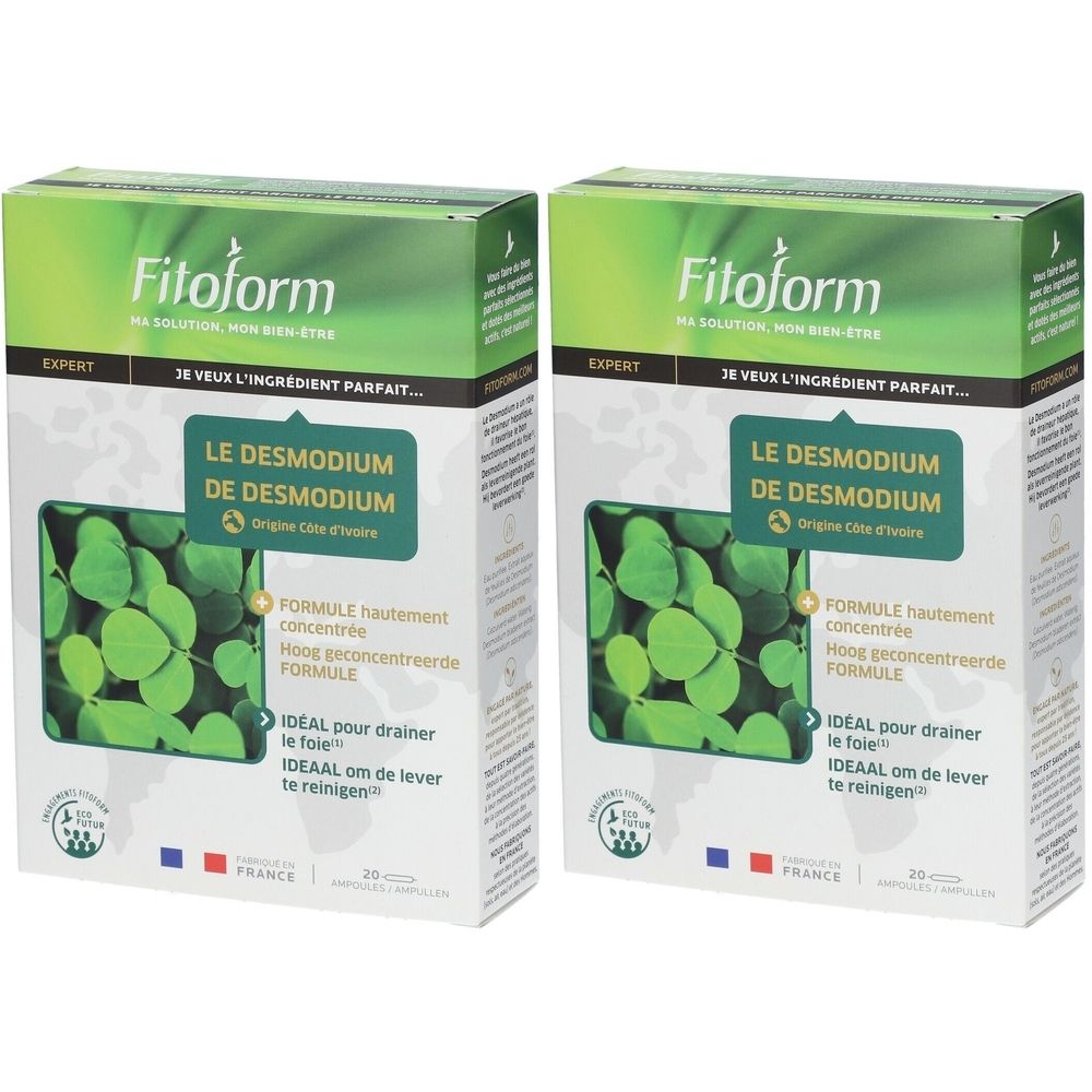 Deux boîtes de "Le Desmodium de Desmodium". Emballage vert et blanc avec nom et logo du produit. Drapeau français.