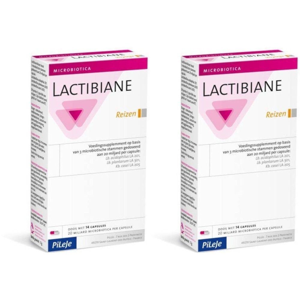 Deux boîtes de Lactibiane Voyage. Emballage blanc avec accents roses et logo. Texte en néerlandais.