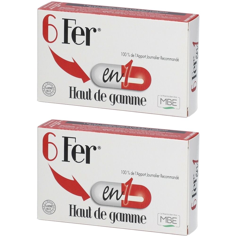 Deux boîtes blanches avec texte rouge et noir. Inscription: 6 Fer, en 1, Haut de gamme, MBE. Avec graphique flèche rouge.