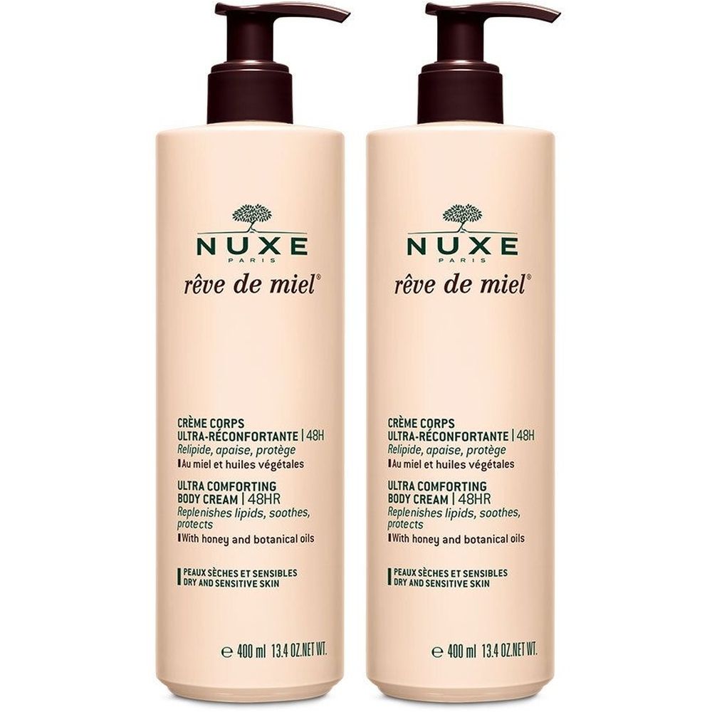 Deux flacons de Nuxe Rêve de miel® Crème corps ultra-réconfortante. Flacons beiges avec pompes marron. Texte: Crème corps, 48H, Ultra Comforting Body Cream.