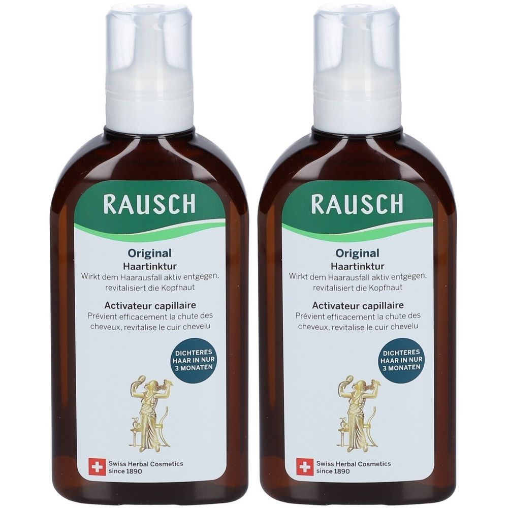 Deux flacons bruns avec vaporisateur blanc. Inscription: RAUSCH Original Haartinktur, Activateur capillaire. Cosmétiques aux herbes suisses.