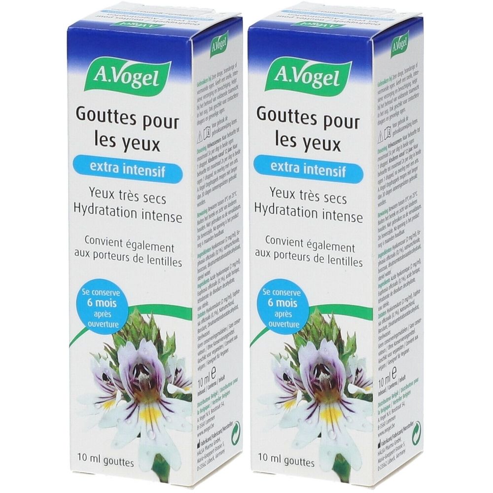 Deux boîtes de gouttes pour les yeux A. Vogel. Emballage bleu et blanc avec nom du produit et motif floral. Extra intensif.