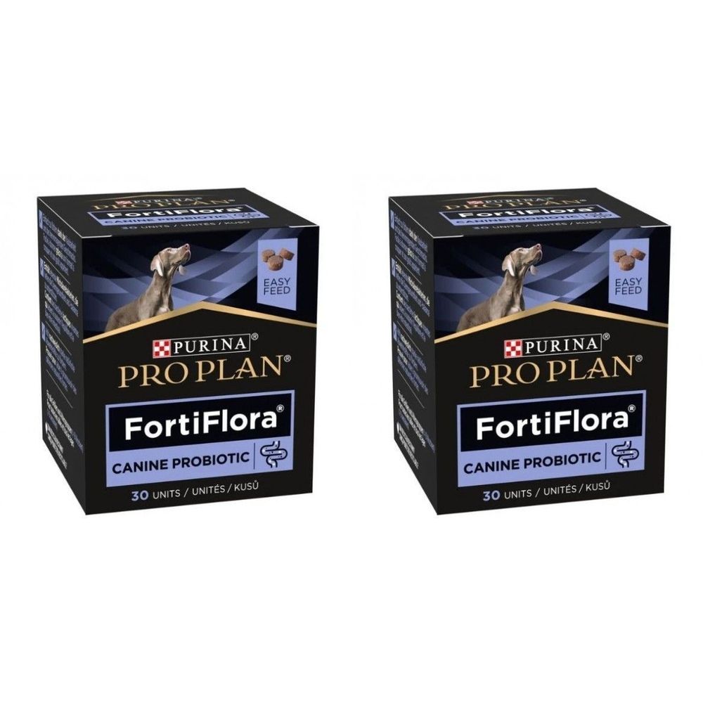 Deux boîtes carrées "PRO PLAN FortiFlora Canine Probiotic". Image d'un chien, nourriture, 30 unités. Fond noir.
