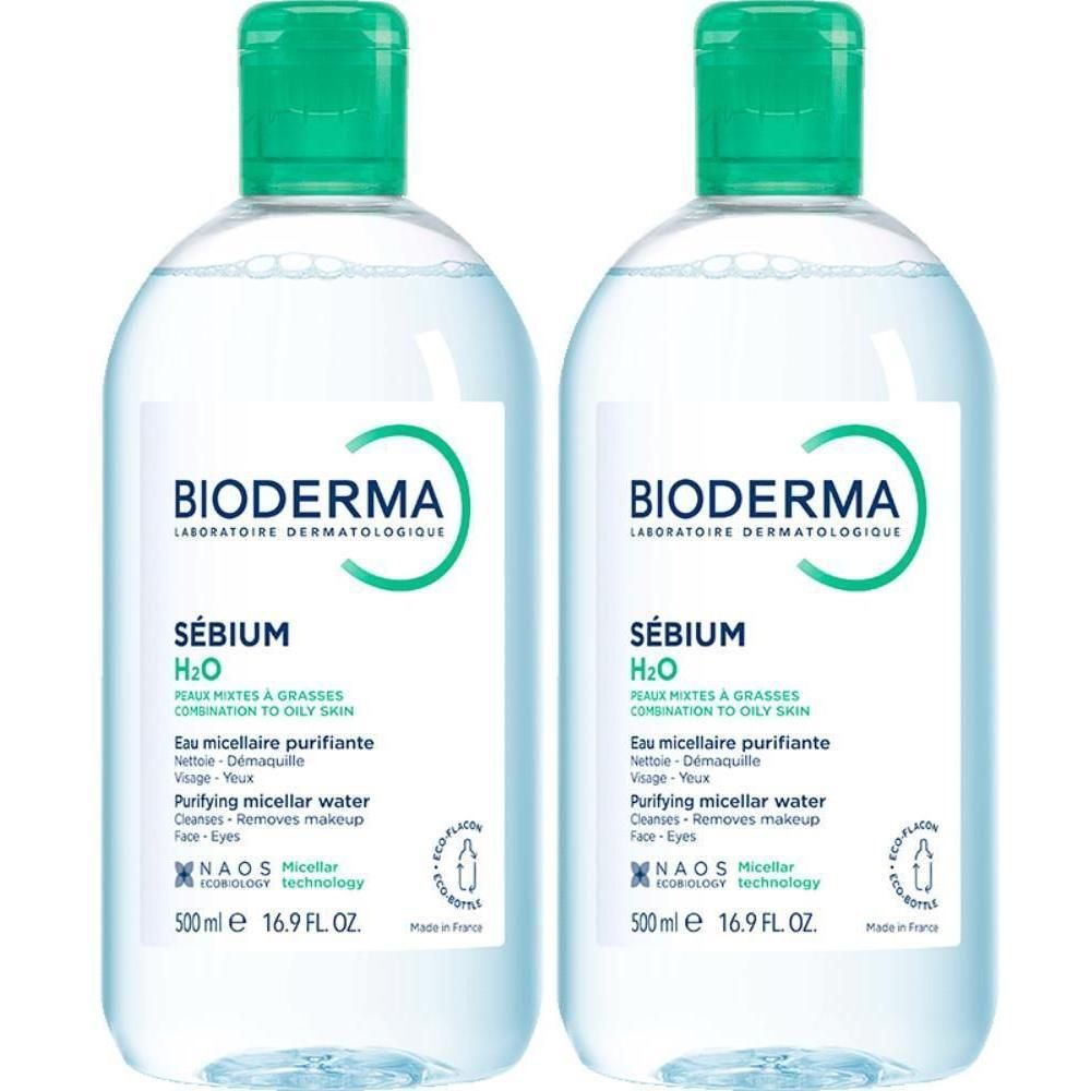 Deux flacons avec bouchons verts. Inscription: BIODERMA, Sébium H2O, Eau micellaire purifiante. 500 ml.