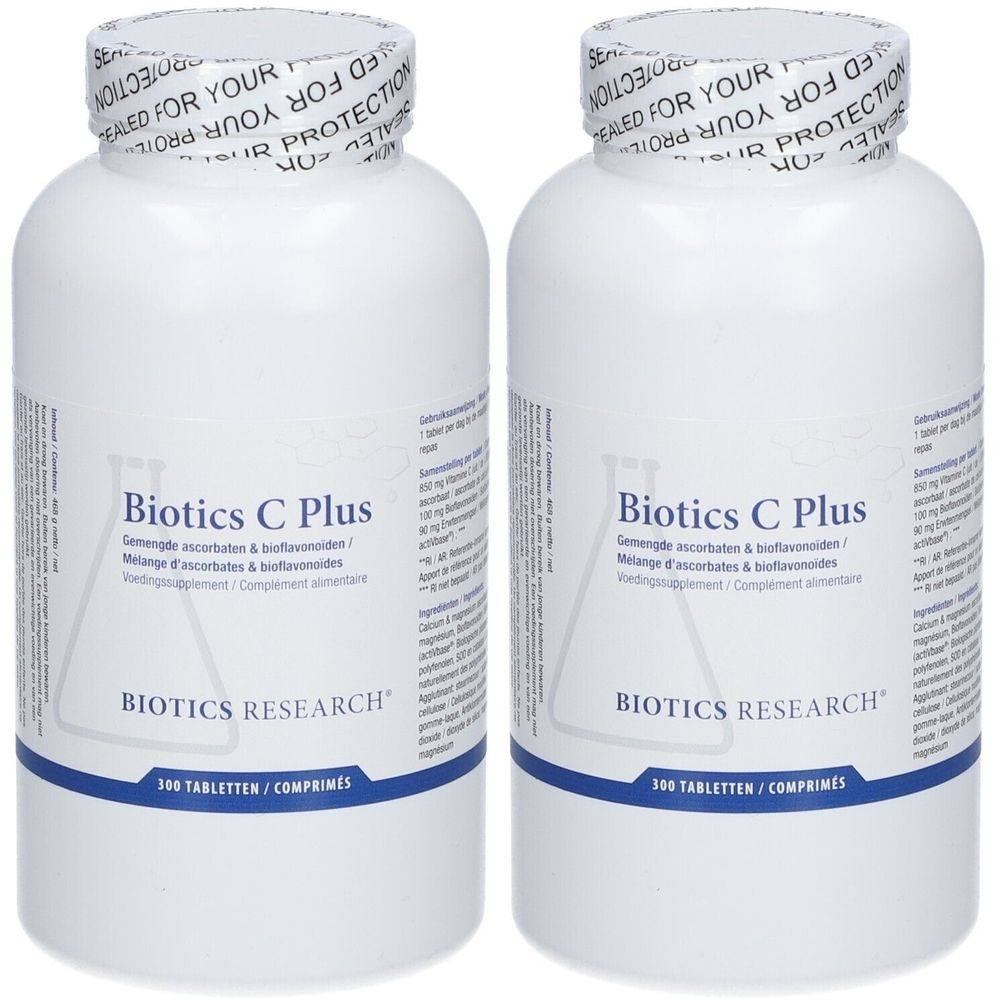 Deux flacons blancs "Biotics C Plus". Étiquette avec "300 comprimés". Sceau "Sealed for your protection".