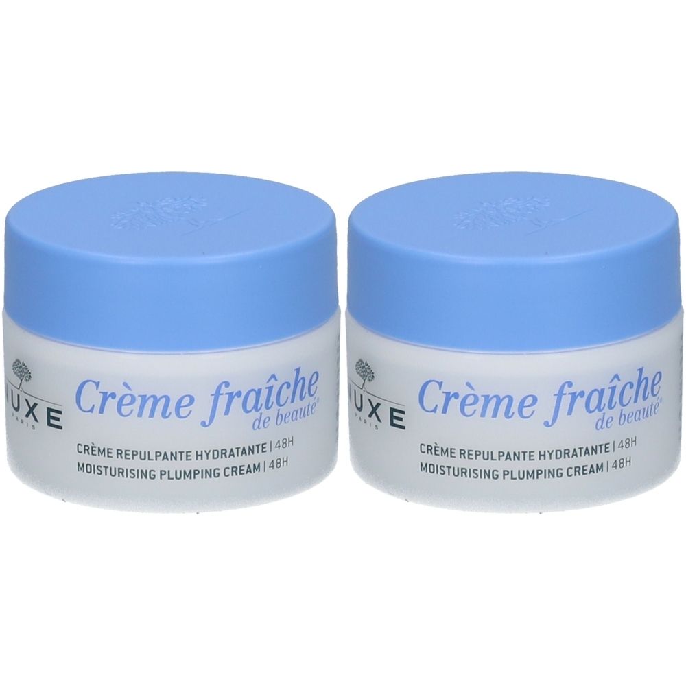 Deux pots avec couvercles bleu clair. Inscription "Crème fraîche" et "Crème repulpante hydratante 48h".