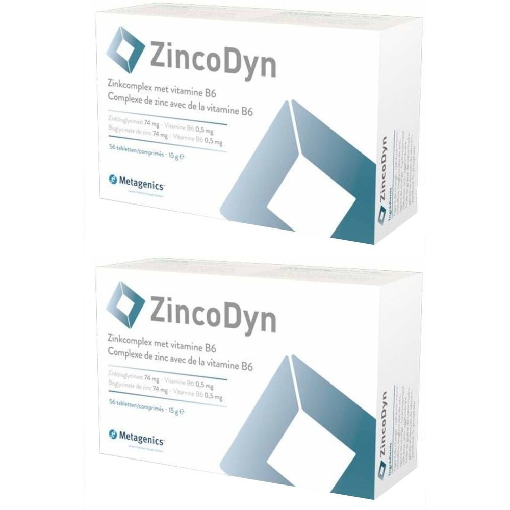 Deux boîtes blanches avec le nom ZincoDyn. Inscription : Zinkcomplex met vitamine B6. Logo Metagenics. 50 comprimés.