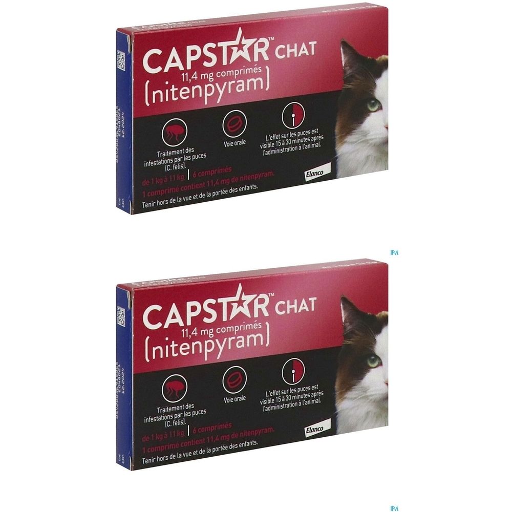 Boîte de comprimés pour chat. Texte: CAPSTAR CHAT, 11,4 mg comprimés. Image d'un chat. Fond noir avec symboles blancs.