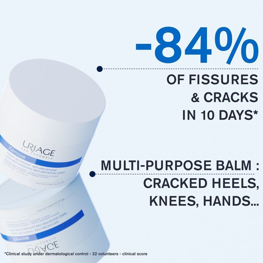 Deux pots. Texte : -84% of fissures & cracks in 10 days. Multi-purpose balm: cracked heels, knees, hands...