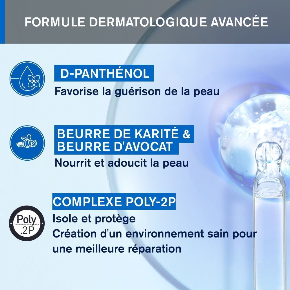 Graphique avec ingrédients. Texte : D-PANTHÉNOL, BEURRE DE KARITÉ & BEURRE D'AVOCAT, COMPLEXE POLY-2P.