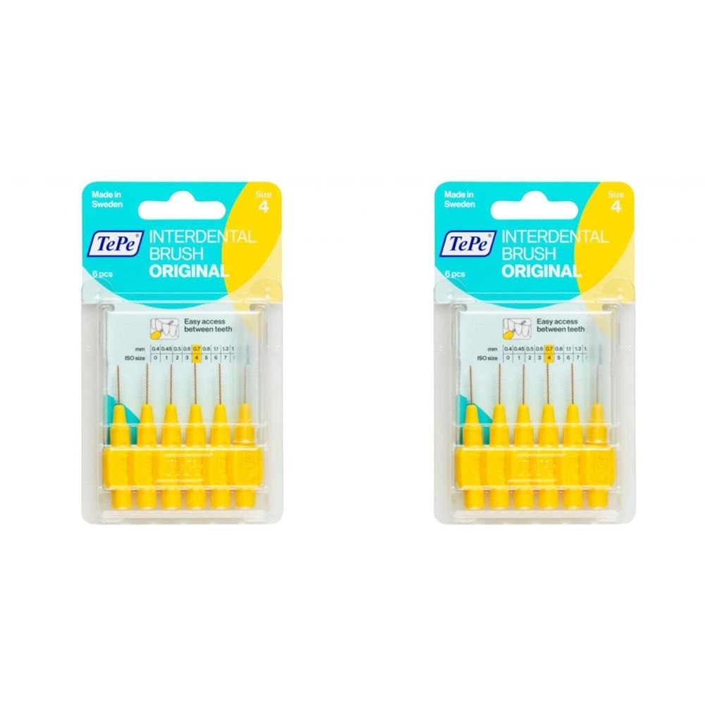 Deux paquets de brossettes interdentaires TePe® Original jaunes, taille 4, 0,70 mm. Emballage de 6 brosses.