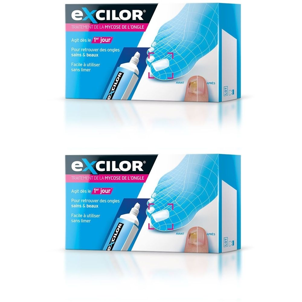 Deux boîtes d'Excilor, traitement de la mycose de l'ongle. Emballage bleu avec image du produit et pied.