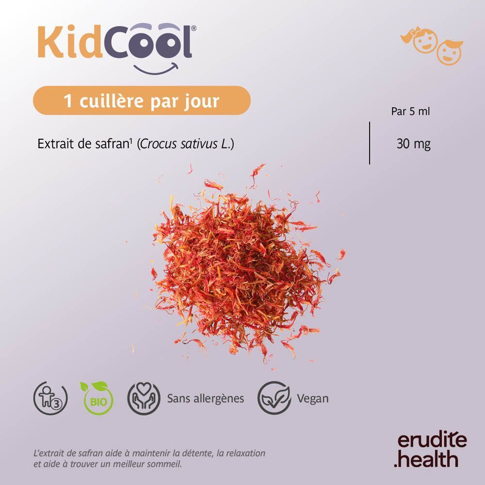Saffran, indication "1 cuillère par jour", 30mg pour 5ml, avec logos Bio et Vegan.
