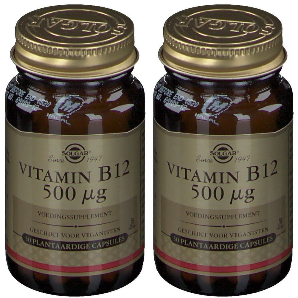 Deux flacons en verre brun avec des couvercles dorés. Les étiquettes indiquent "Vitamin B12 500 µg" et "50 capsules végétales".