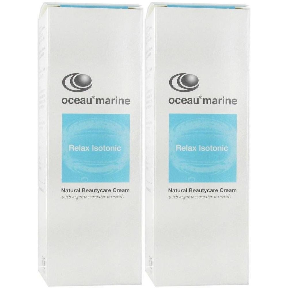 Deux boîtes blanches avec rectangle bleu et texte. Oceau Marine, Relax Isotonic, Natural Beautycare Cream.