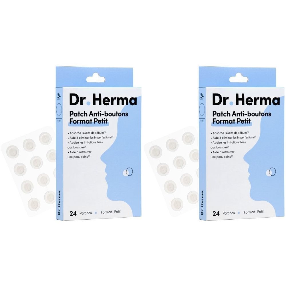 Deux boîtes de patchs anti-boutons. Emballage bleu avec nom du produit et profil de visage. 24 patchs par boîte.