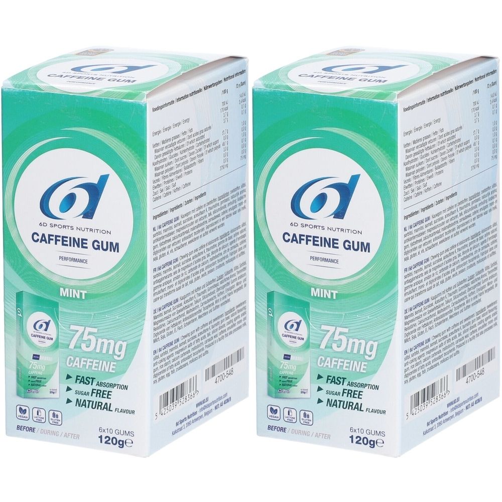 Deux boîtes de chewing-gum à la caféine 6D Sports Nutrition. Goût menthe. Chaque boîte contient 75mg de caféine, 6x10 gommes, 120g.