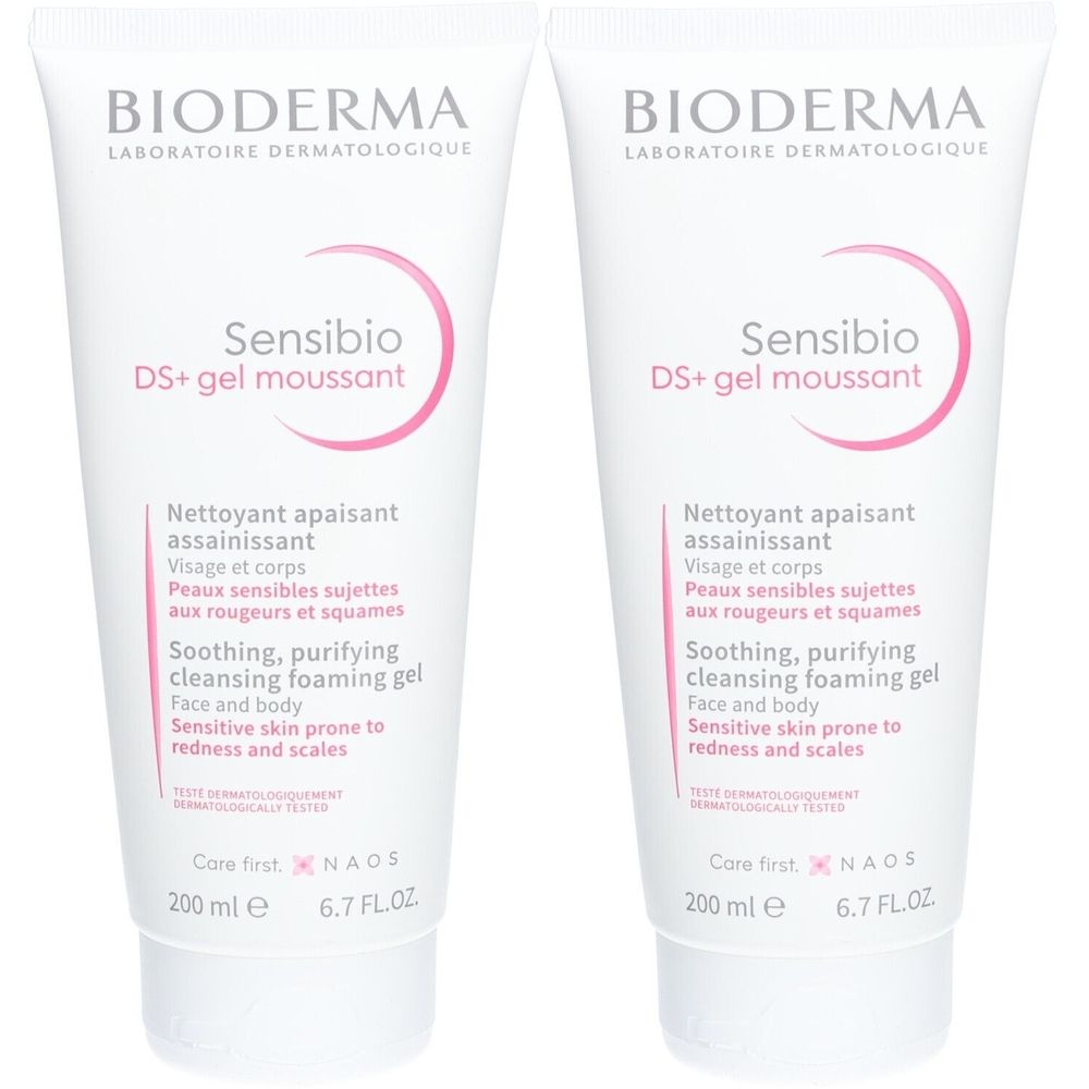 Deux tubes blancs de produit. Inscription: Bioderma Sensibio DS+ gel moussant. Texte en français et en anglais.