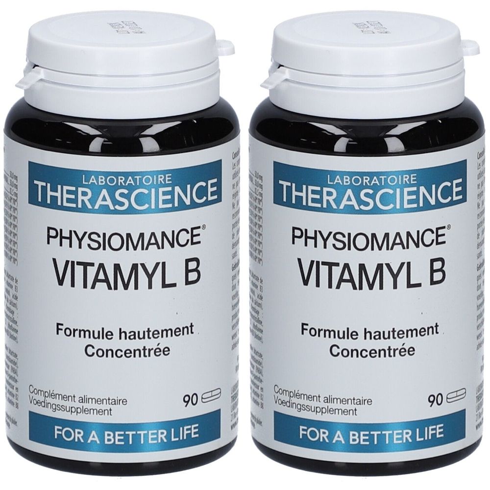 Deux flacons de Physiomance Vitamyl B. Flacons noirs avec couvercles blancs. Inscription: Laboratoire Therascience, Vitamyl B, 90 capsules.