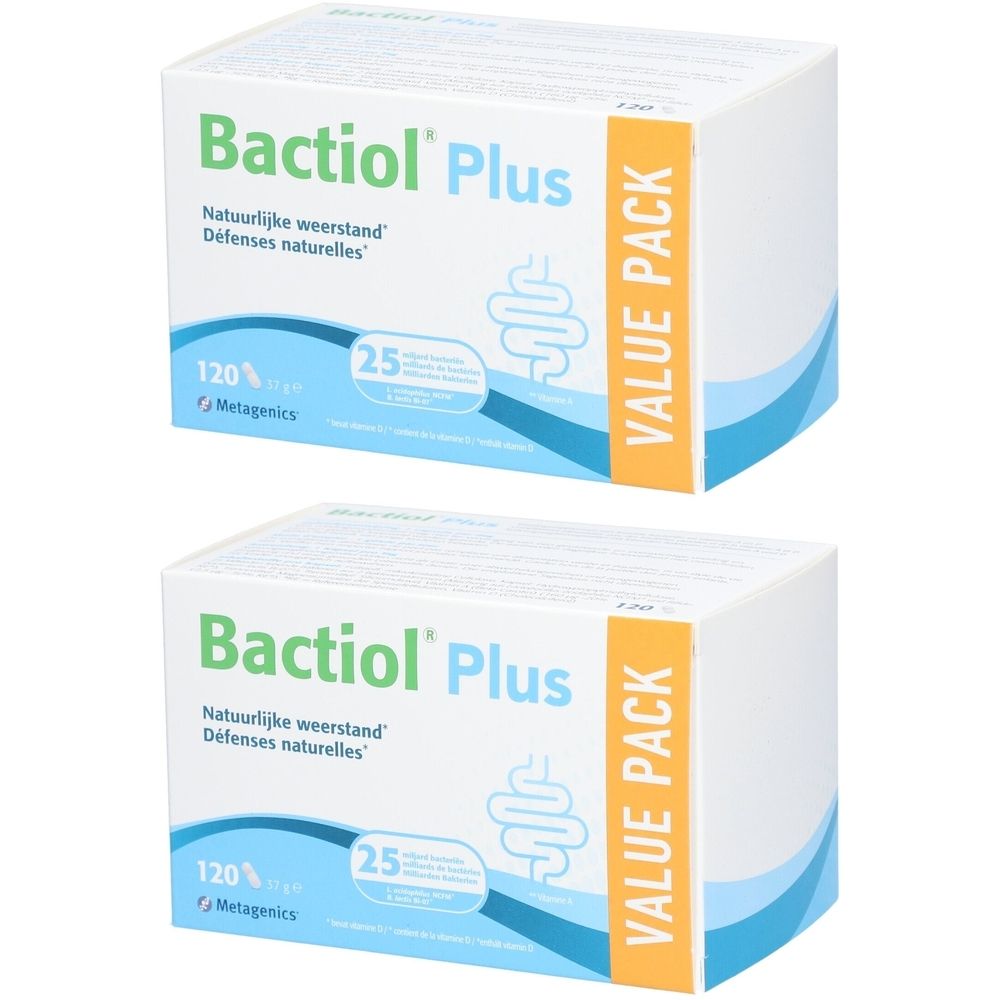 Deux boîtes blanches "Bactiol Plus". Inscription "Natuurlijke weerstand", "Défenses naturelles". Impression orange "VALUE PACK".