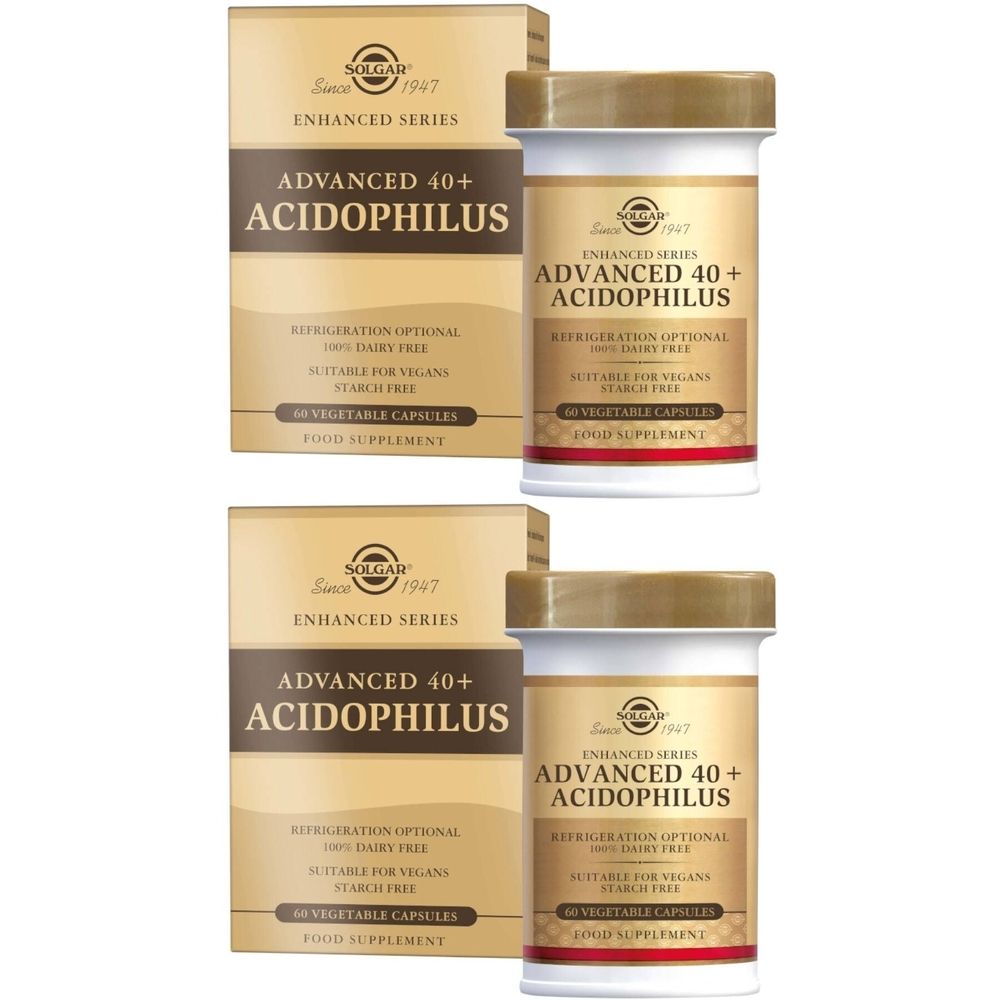 Deux boîtes et flacons. Inscription: Advanced 40+ Acidophilus. Marque: Solgar. Gélules.