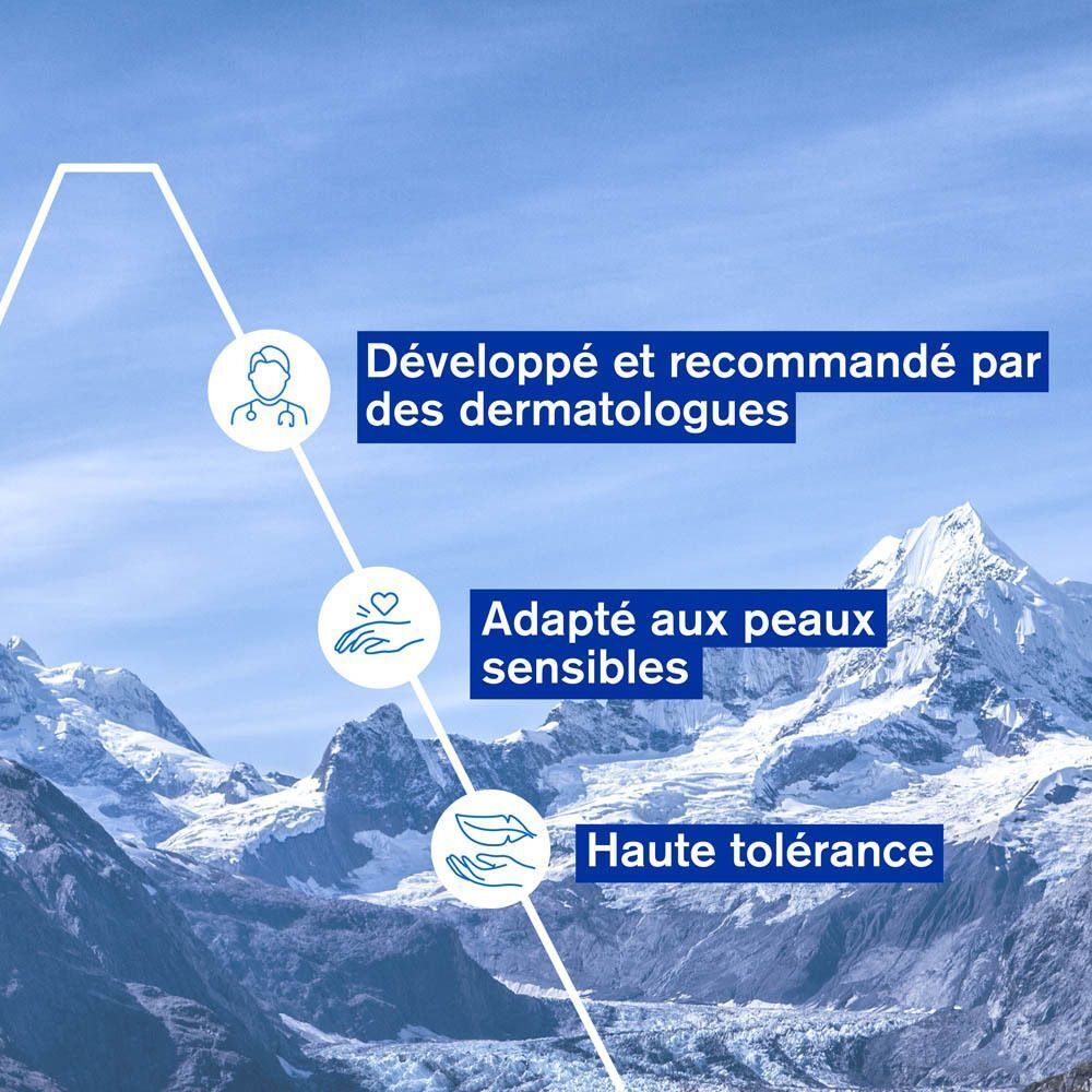 Graphique avec paysage de montagne. Texte : Développé et recommandé par des dermatologues. Adapté aux peaux sensibles.