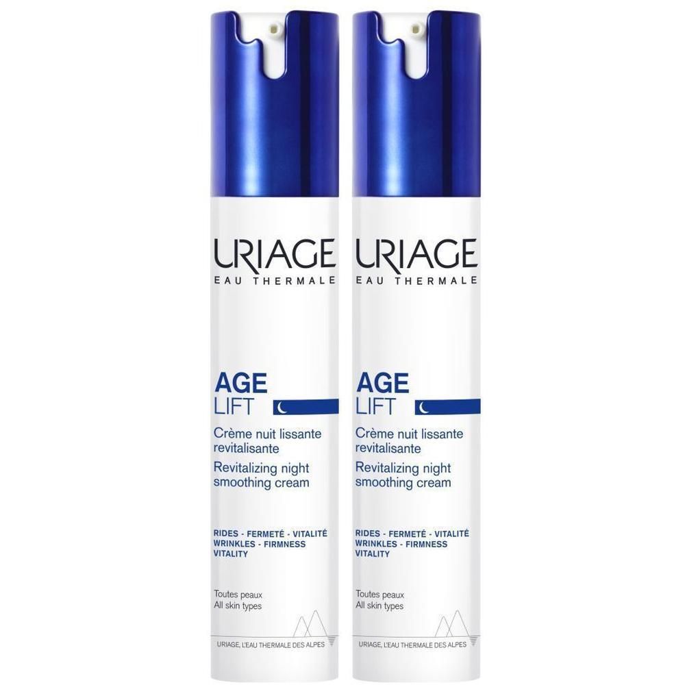 Deux flacons de crème de nuit Uriage Age Lift. Flacons blancs avec bouchon bleu. Texte: Age Lift, Crème nuit lissante.
