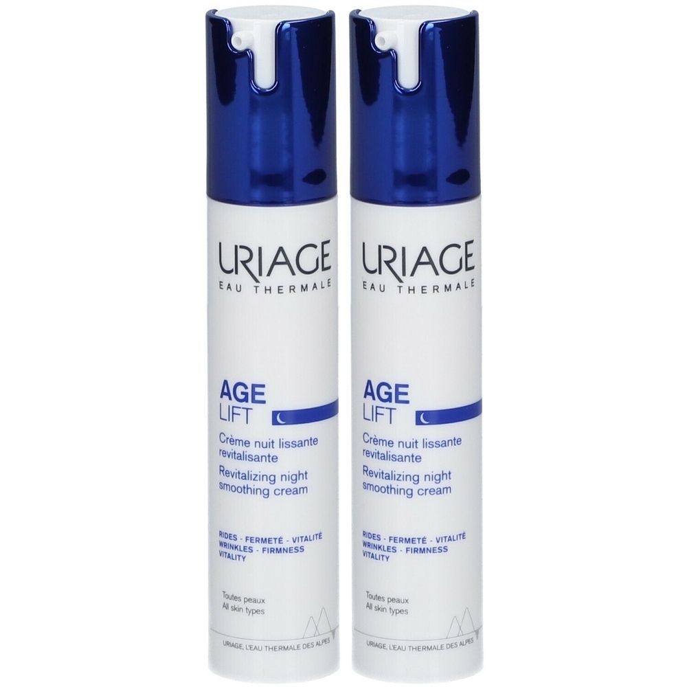 Deux flacons de crème de nuit URIAGE Age Lift. Flacons blancs avec bouchon bleu. Texte: Age Lift, Crème nuit lissante revitalisante.